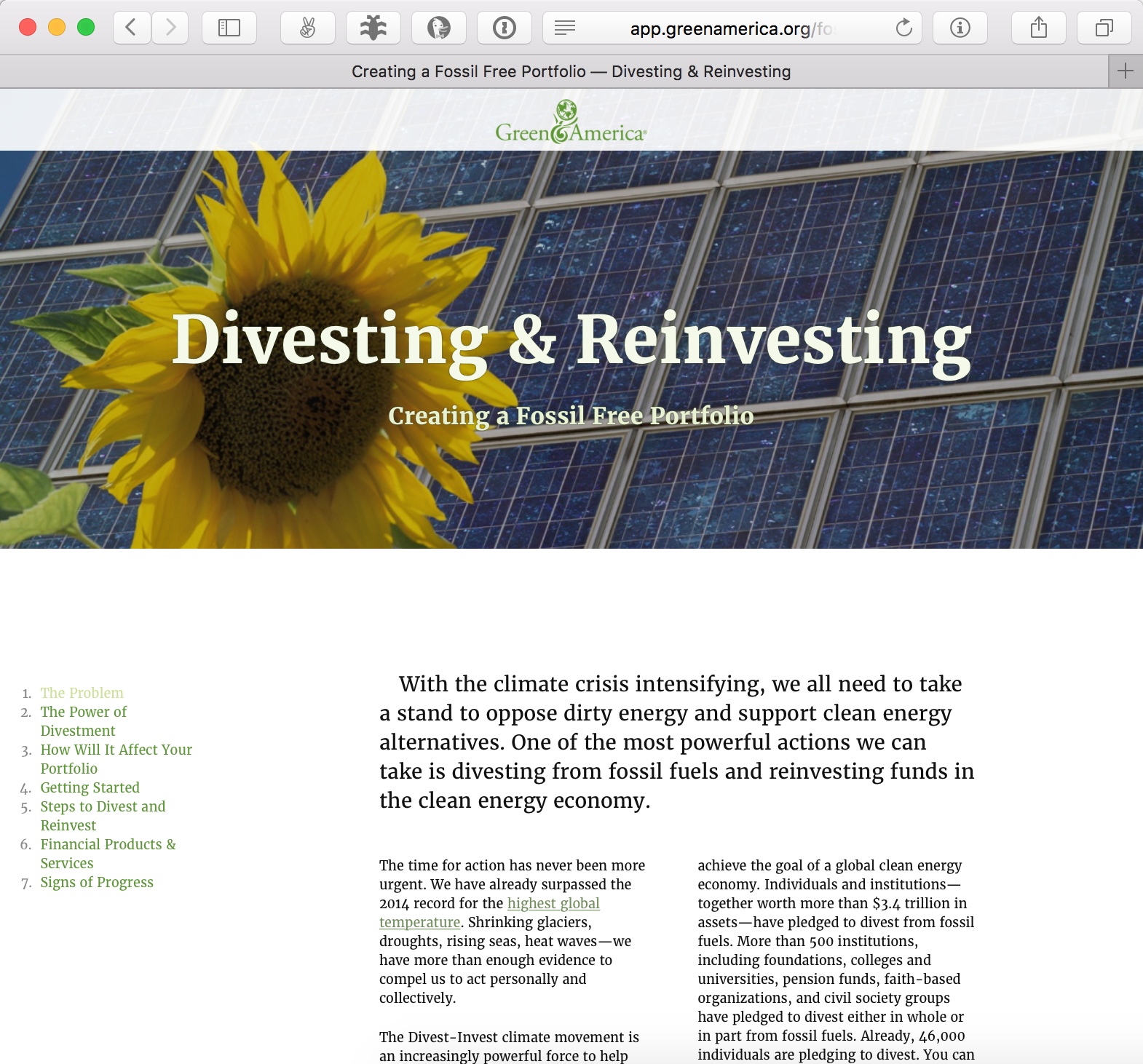 A screenshot of Green America’s Fossil Free Divestment guide